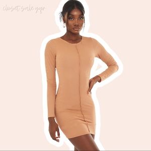 PRETTYLITTLETHING Tan long sleeve ribbed dress